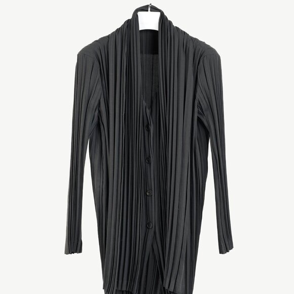 Issey Miyake Archival Rare Grey Pleated Scarf-Collar Button-Front Duster - Picture 1 of 10